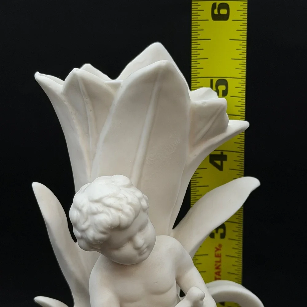 Vtg Mid Century Japan‎ White Bisque Porcelain Cherub Harp Player Bud Vase 5.5 in